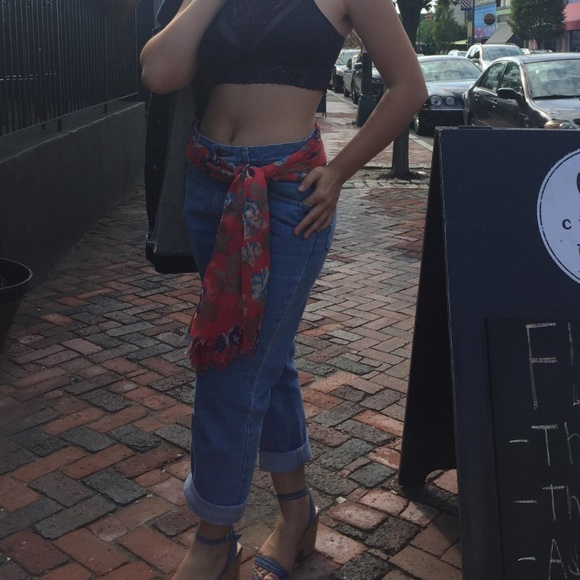 Melon and blue large rectangle scarf - Picture 2 of 2